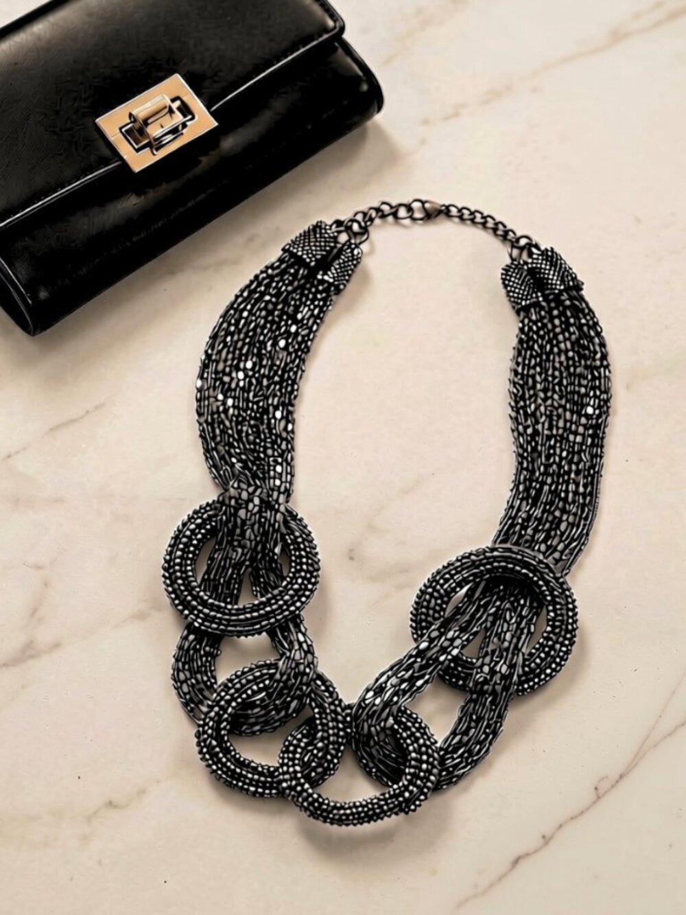 Statement Gunmetal Multi-Strand Beaded Necklace Chunky Link Detail